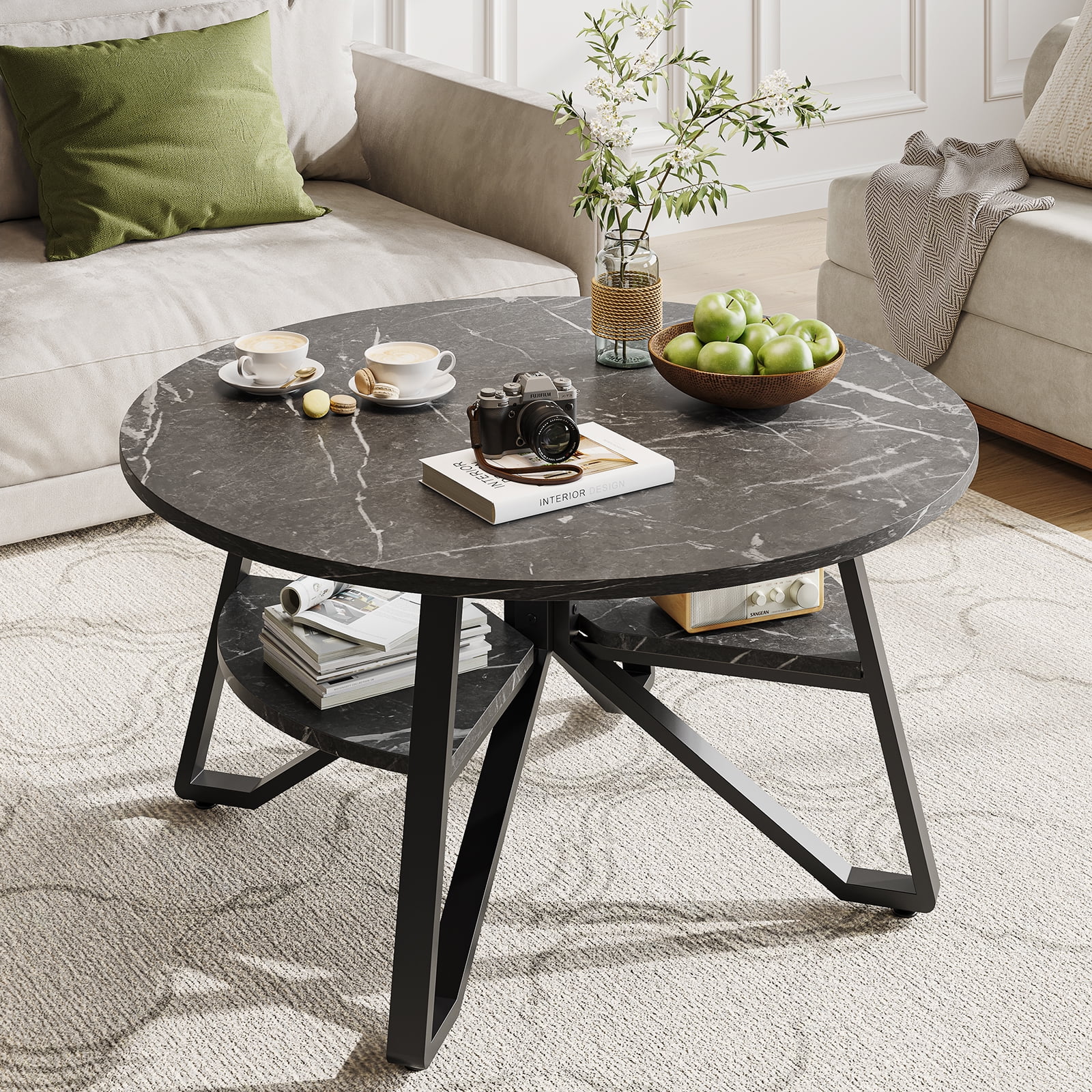 Bestier Round Coffee Table With Storage Living Room Tables Sy Metal Legs Retro Grey Oak Com