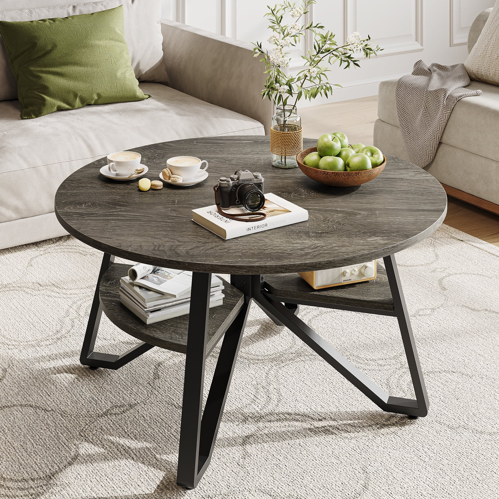 Bestier Round Coffee Table with Storage, Living Room Tables with Sturdy  Metal Legs, Retro Grey Oak