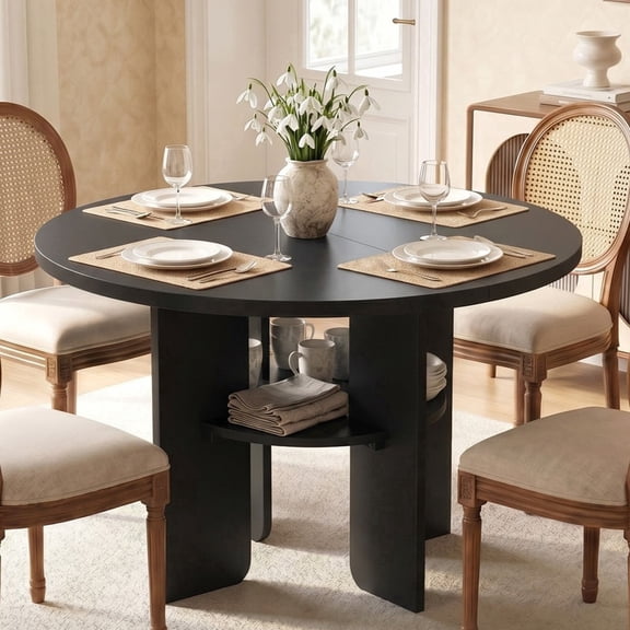 Bestier 47" Round Dining Table for 4-6 People, Kitchen Table with Under-Table Storage Shelf & Thickened Waterproof Top for Dining Room, Black