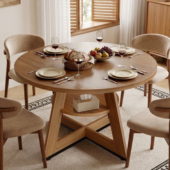 Bestier Round Dining Table for 4-6 People, 47" Circle Kitchen Table with Storage Shelf, Thickened Dinner Table for Dining Room, Living Room, Apartment, Walnut