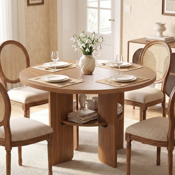 Bestier 47" Round Dining Table for 4-6 People, Kitchen Table with Under-Table Storage Shelf & Thickened Waterproof Top for Dining Room, Walnut