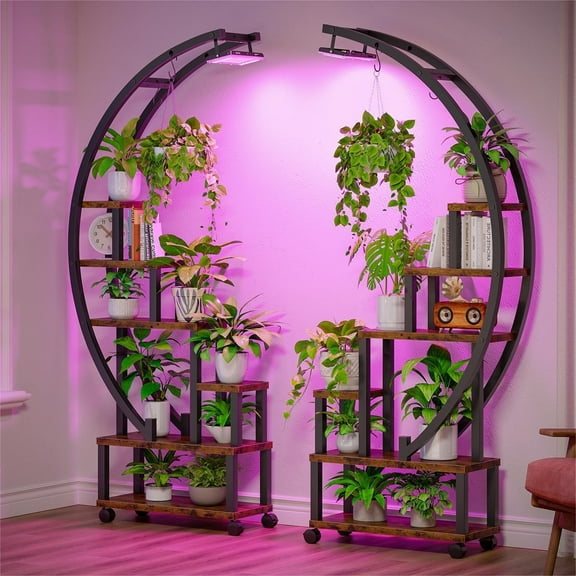 Bestier 65 inch Round Shaped Plant Stand with Grow Lights & Wheels, 6-Tier Tall Metal Plant Shelf Display Shelf with Hanging Hooks for Indoor & Outdoor, Rustic