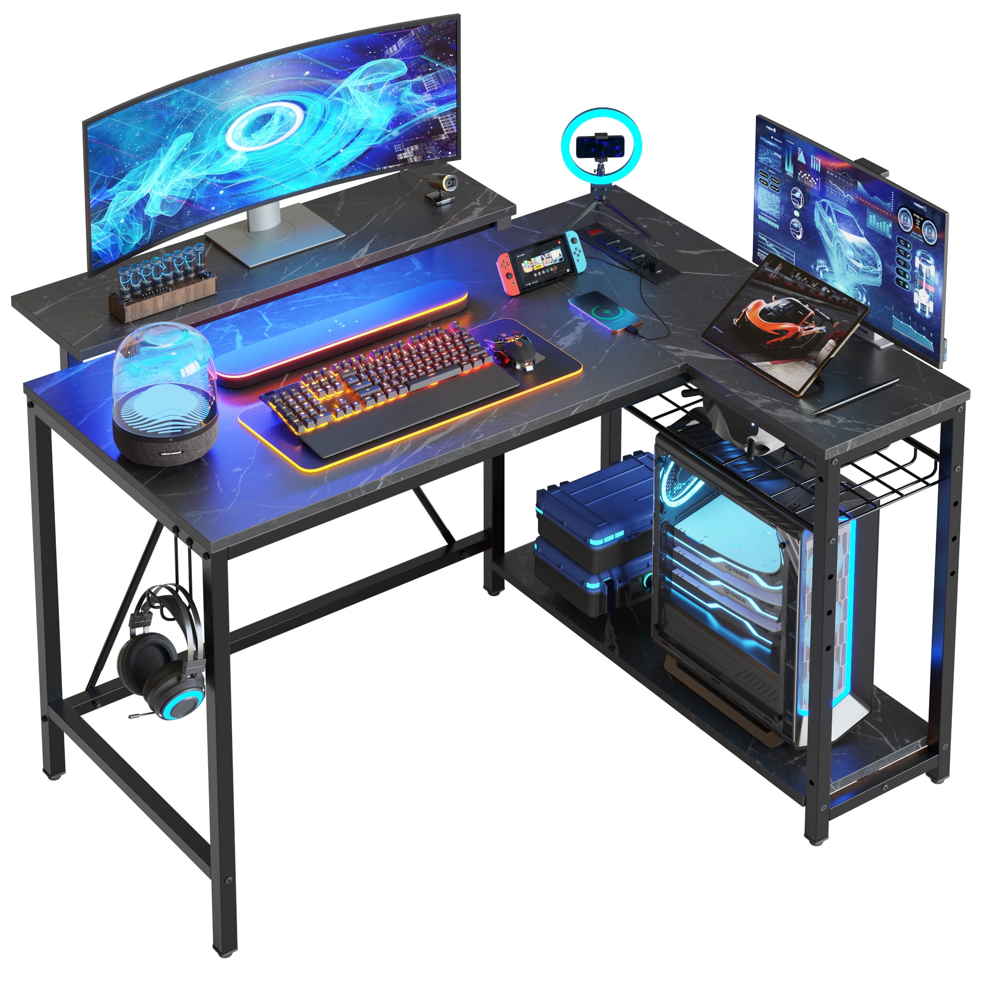 Bestier 42'' L Shaped Gaming Desk with LED, Outlets, USB, Monitor Stand ...