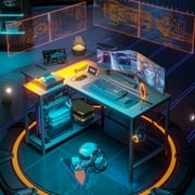 Bestier L Shape Small Gaming Computer Desk with Hooks USB Charging, Carbon Fiber Black