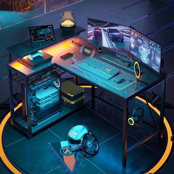 RSPGAME 42" Reversible L-Shaped Gaming Desk with Power Outlets, LED Lights, Monitor Stand & Headset Hooks for Small Spaces, Bedrooms & Home Offices, Black Marble