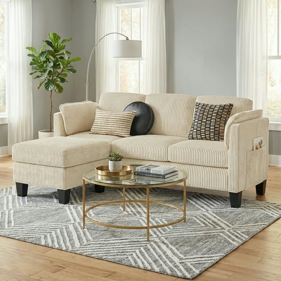 Bestier Corduroy Sectional Sofa Couches for Living Room, L-Shaped Modular Small Couch Convertible 3 Seater Sofa with Ottaman Storage,Beige