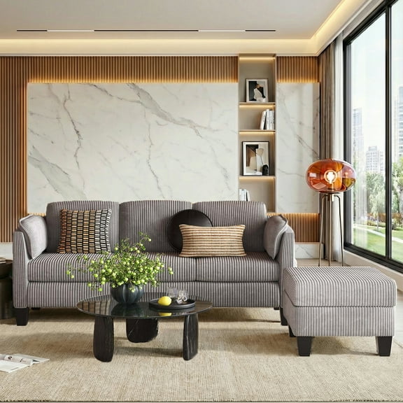 Bestier Corduroy Sectional Sofa Couches for Living Room, L-Shaped Modular Small Couch Convertible 3 Seater Sofa with Ottaman Storage,Gray
