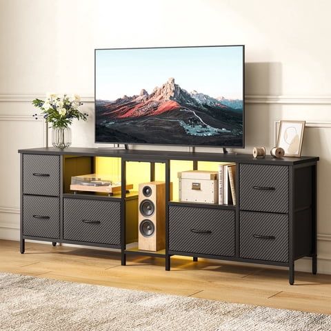 Bestier LED TV Stand for 60 65 70 inch TV, 63"Entertainment Center Media Console Table with 6 Storage Drawers for Living Room, Black Carbon Fiber