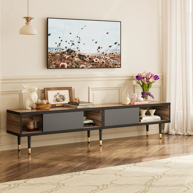 Bestier TV Stand MidCentury Modern with Sliding Doors for TV up to 85
