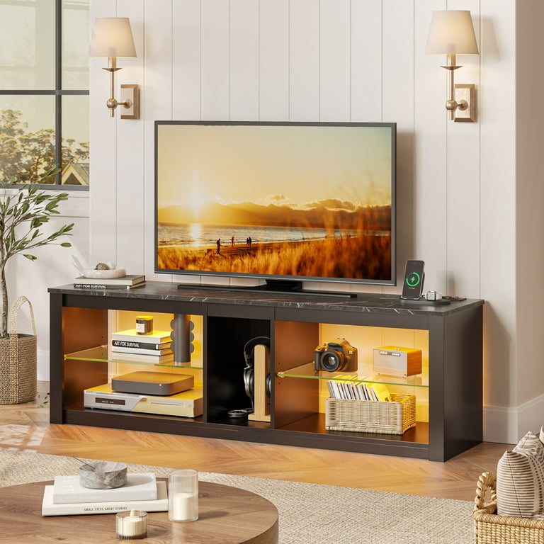 Bestier TV Stand with Power Outlets and Storage Shelves LED Entertainment Center for TVs up to 60