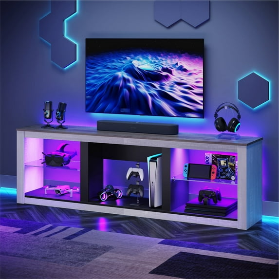 Bestier TV Stand for TVs up to 75", Gaming Entertainment Center with Remote Controlled RGB LED Light,Adjustable Glass Shelves,Modern Media Console Table with Open Storage for Living Room, Wash White