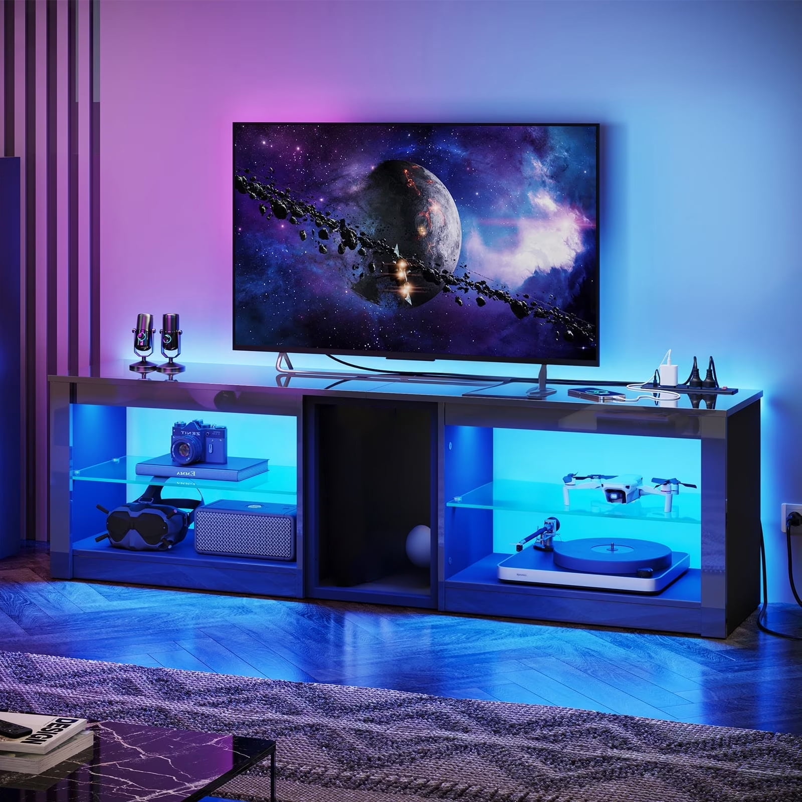 Bestier TV Stand for 70 inch TV with Power Outlets, High Gloss Entertainment Center with LED Lights & Glass Shelves, Glossy Black