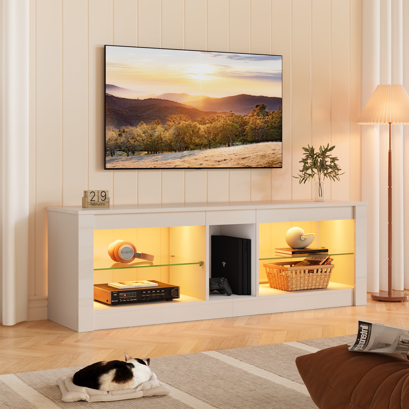 Bestier TV Stand for TVs up to 60" Entertainment Center with LED Lights Storage Shelves Modern High Gloss Console Table, White