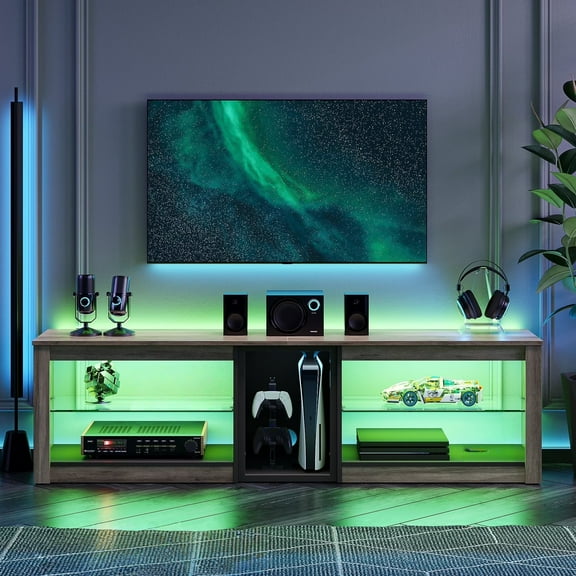 Bestier TV Stand for TVs up to 70" with LED Light, Entertainment Center for PS5 with Shelves, Wash Grey