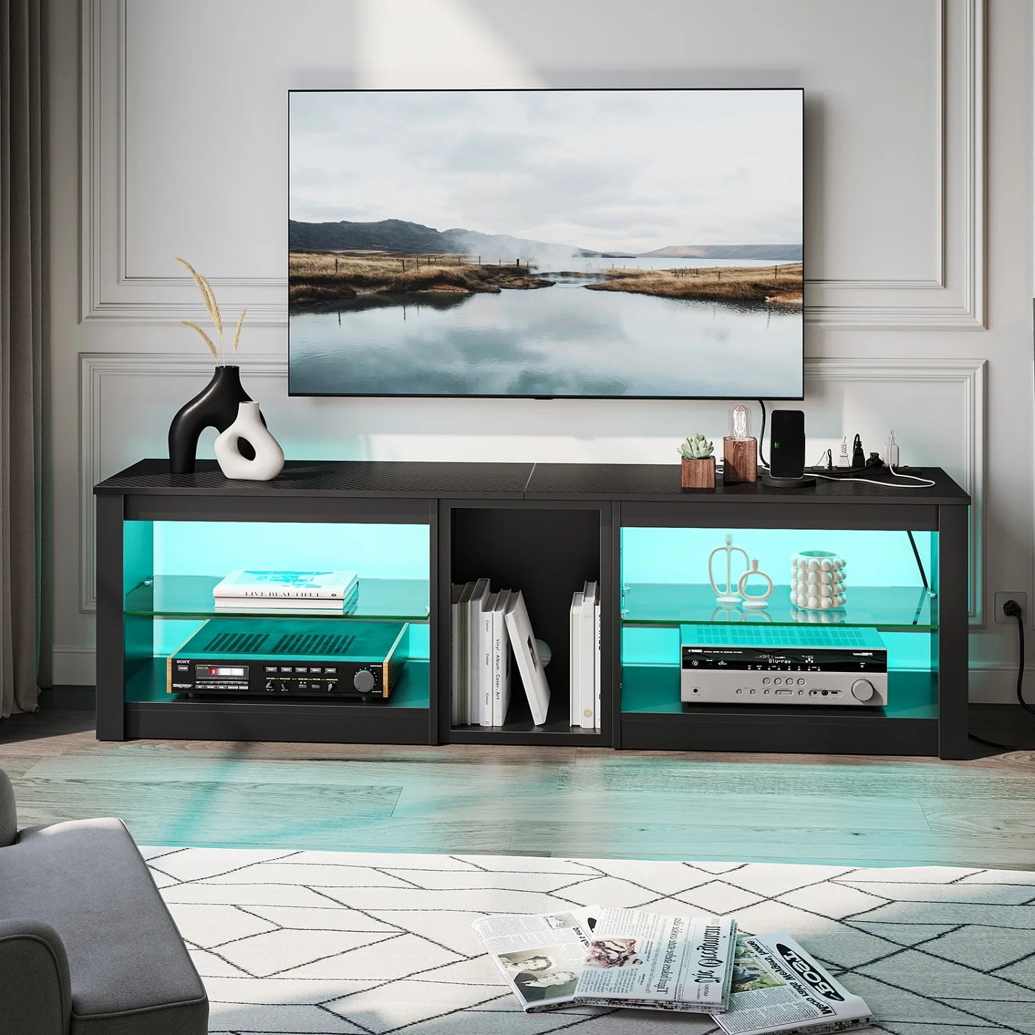 Bestier TV Stand for TVs up to 70" with LED Light, Entertainment Center for PS5 with Shelves, Wash White