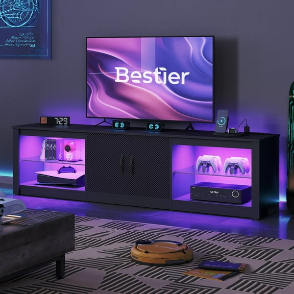 Bestier TV Stand for TVs up to 75" with LED Lights & Power Outlet, Entertainment Center with Storage Cabinet, Carbon Fiber