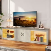 Bestier TV Stand for TVs up to 75" with Storage Cabinet, Entertainment Center for TVs with LED Light for Living Room, Wash White