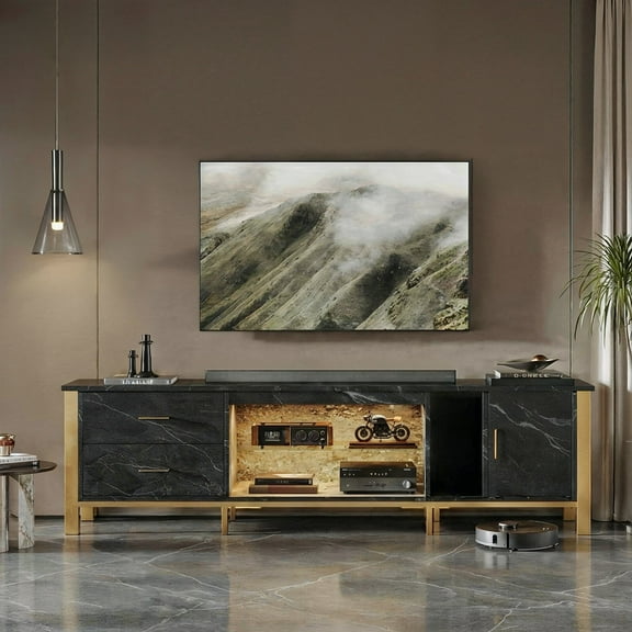 Bestier LED TV Stand for 75 inches TV Entertainment Center for TVs up to 85" Console Table with Drawers and Storage, Black Marble
