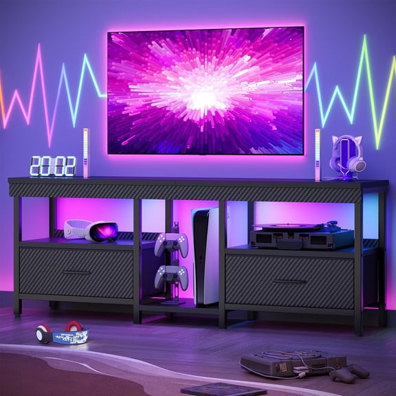 Bestier LED TV Stand Entertainment Center for TVs up for 55 60 65 inch TV Console Table with 2 Storage Drawers,Carbon Fiber Black