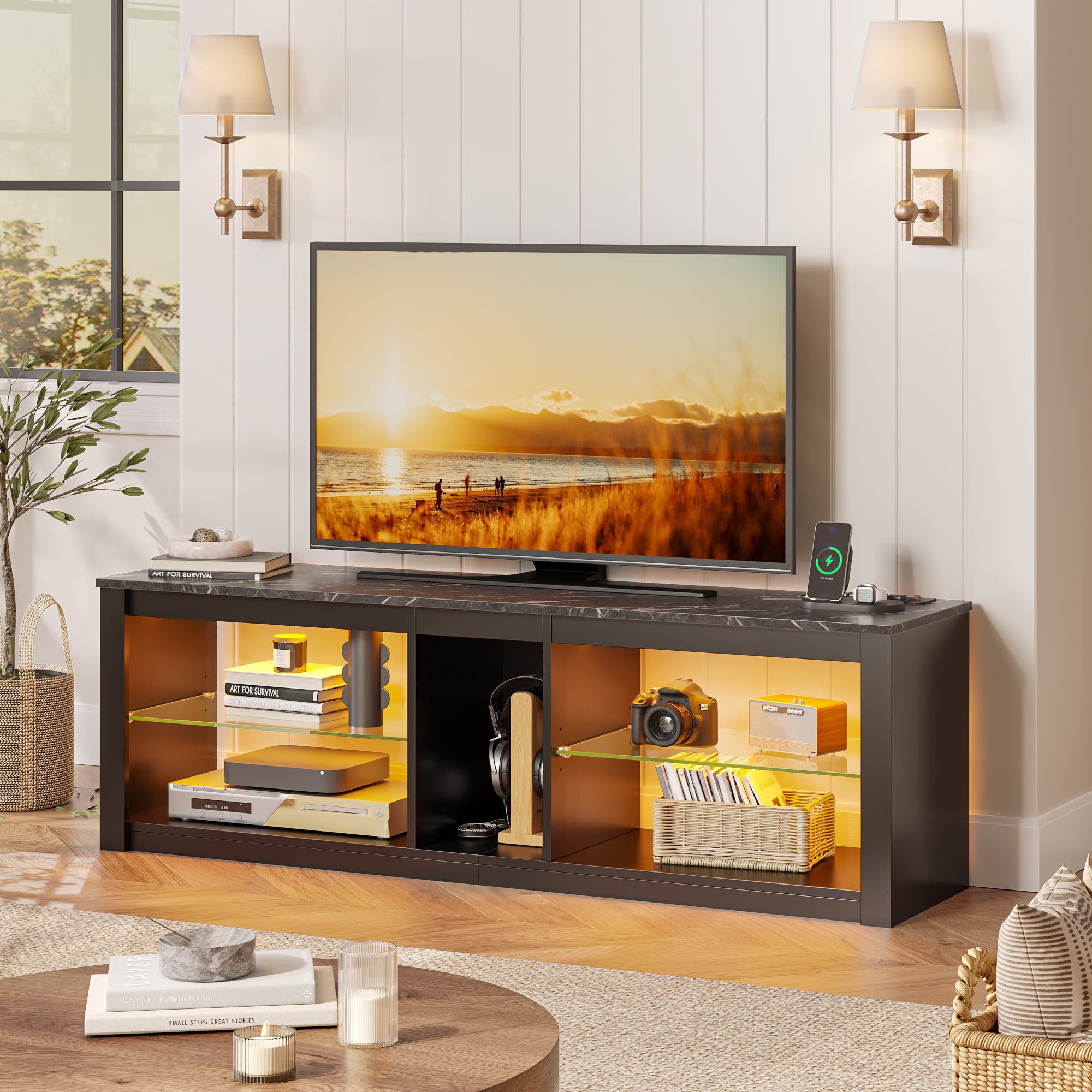 Bestier TV Stand with Power Outlets and Storage Shelves, LED Entertainment Center for TVs up to 60", Black Marble