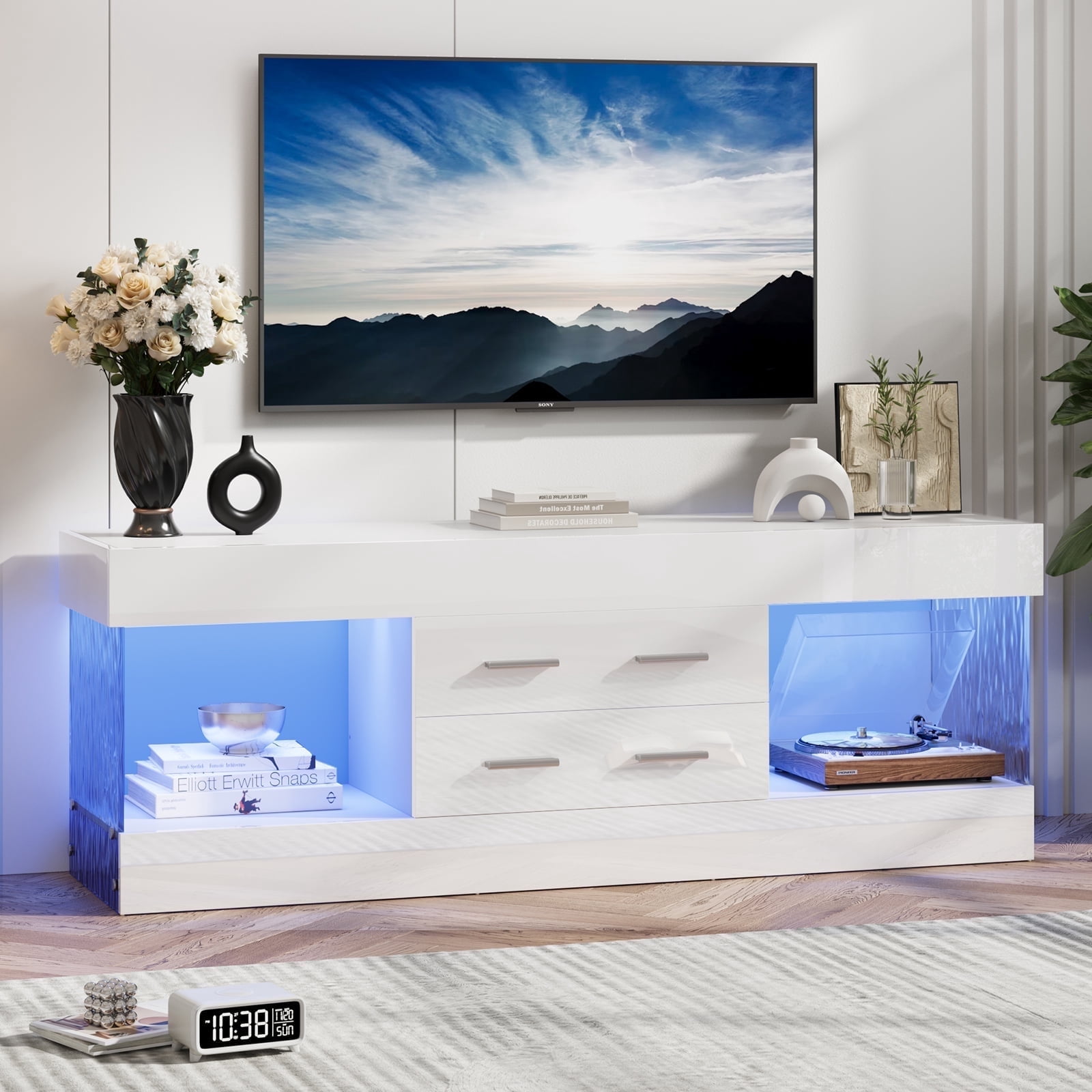 Bestier White TV Stand for TVs up to 65", Modern High Gloss Entertainment Center for TVs with LED Light, TV Console Table with 2 Storage Drawers