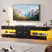 Bestier Black Marble TV Stand for TVs up to 75", Modern Entertainment Center for TVs with LED Light, High Gloss TV Console Table with Storage Drawers