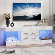 Bestier White Marble TV Stand for TVs up to 65", Modern High Gloss Entertainment Center for TVs with LED Light, TV Console Table with 2 Storage Drawers