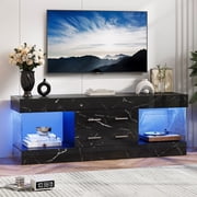 Bestier Black Marble TV Stand for TVs up to 65", Modern High Gloss Entertainment Center for TVs with LED Light, TV Console Table with 2 Storage Drawers