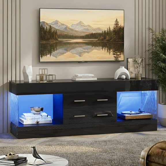 Bestier Black TV Stand for TVs up to 65", Modern High Gloss Entertainment Center for TVs with LED Light, TV Console Table with 2 Storage Drawers