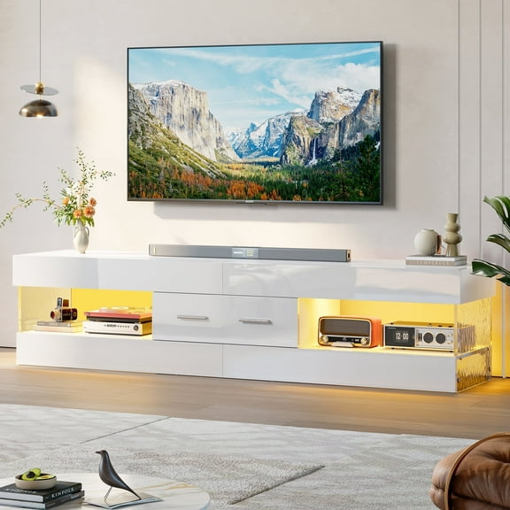 Bestier White TV Stand for TVs up to 75", Modern Entertainment Center for TVs with LED Light, High Gloss TV Console Table with Storage Drawers