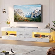 Bestier White Marble TV Stand for TVs up to 75", Modern Entertainment Center for TVs with LED Light, High Gloss TV Console Table with Storage Drawers