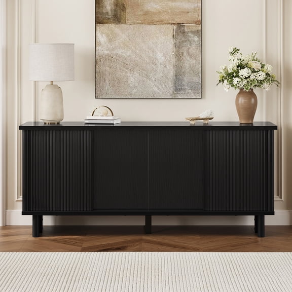 Bestier Fluted TV Stand for 65 inch TVs,Entertainment Center with 4-Sliding Doors,Height Adjustable Shelves,Media Console Table with Cable Management, TV Cabinet for Living Room,Black