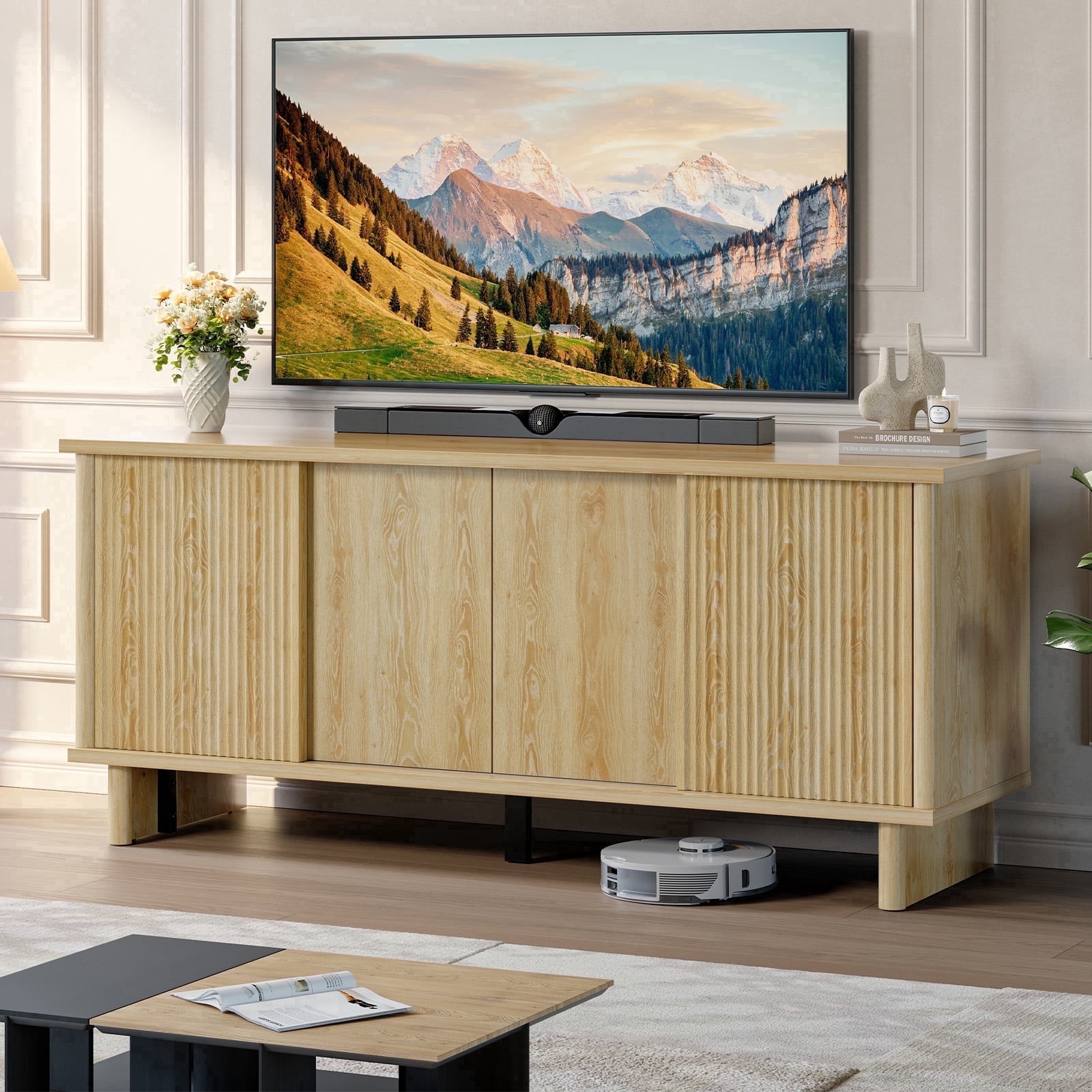 Bestier Fluted TV Stand for 65 inch TVs,Entertainment Center with 4-Sliding Doors,Height Adjustable Shelves,Media Console Table with Cable Management, TV Cabinet for Living Room,Natural Oak