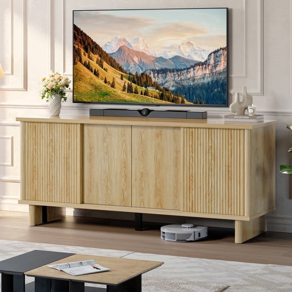 Bestier Fluted TV Stand for 65 inch TVs,Entertainment Center with 4-Sliding Doors,Height Adjustable Shelves,Media Console Table with Cable Management, TV Cabinet for Living Room,Natural Oak