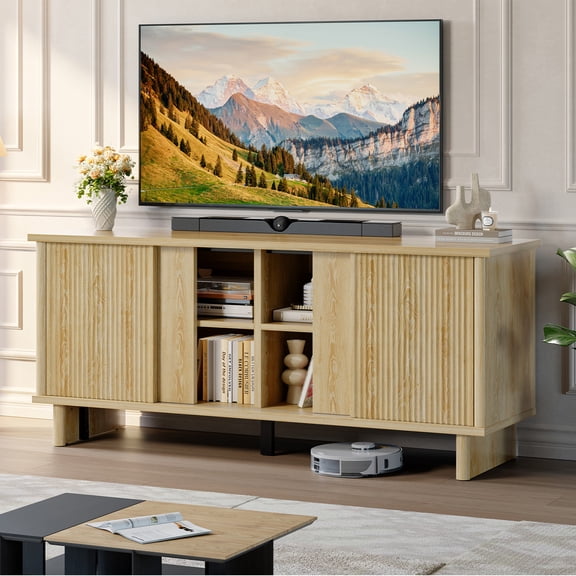 Bestier Modern Wood TV Stand for 65 inch TVs,Entertainment Center with Grooved Sliding Doors,3-Height Adjustable Shelves,Media Console Table with Cable Management, TV Cabinet for Living Room,LOG