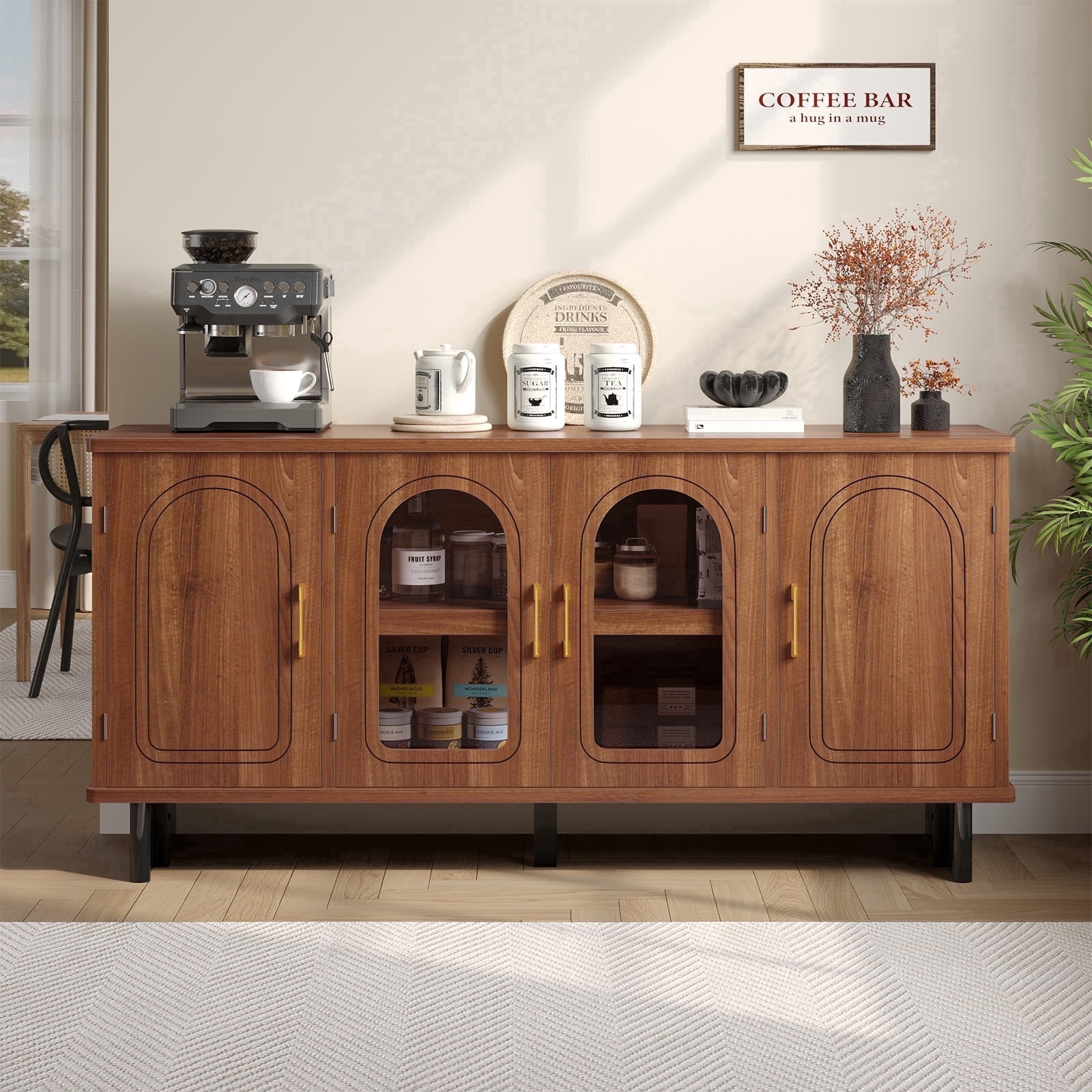 Bestier Mid-Century Modern TV Stand for 65 inch TVs,TV Console Table with Glass Doors,TV Stand with Storage for Living Room,Walnut