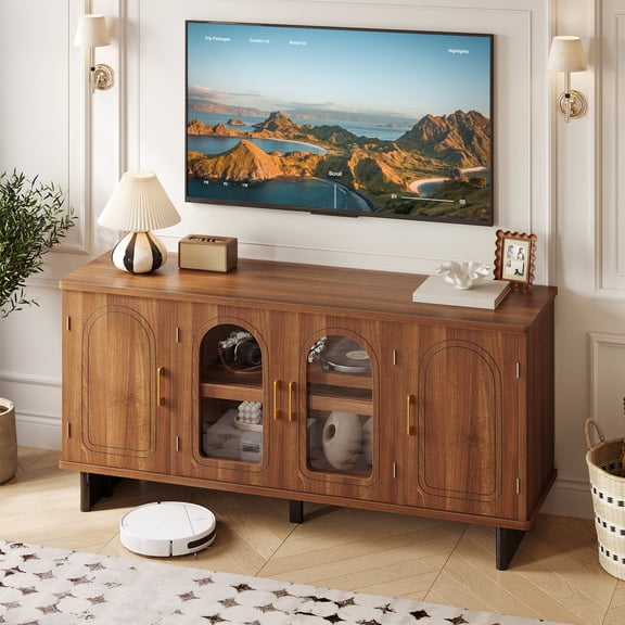 Bestier Mid-Century Modern TV Stand for 65 inch TVs,TV Console Table with Glass Doors,TV Stand with Storage for Living Room,Walnut