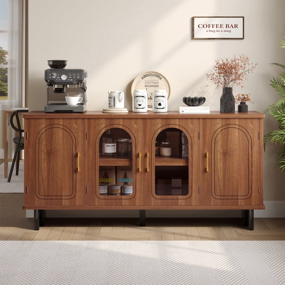 Bestier Mid-Century Modern TV Stand for 65 inch TVs,TV Console Table with Glass Doors,TV Stand with Storage for Living Room,Walnut