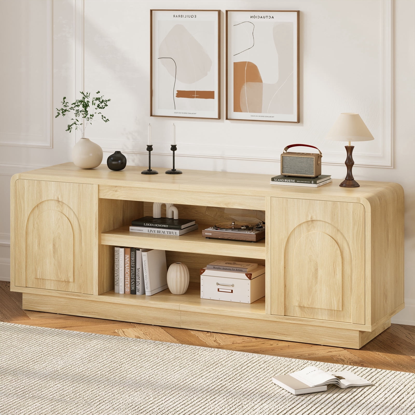 Bestier Arched Door Wooden TV Stand for TVs up to 70", Curved Corner Media Console with Open Shelf,Modern Entertainment Center with Dust-Free Enclosed Base,Natural Oak