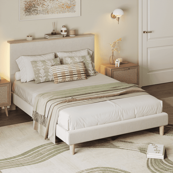 Bestier Twin Size Bed Frame Upholstered Corduroy Platform Bed with LED light & Adjustable Storage Headboard for Bedroom, Cream