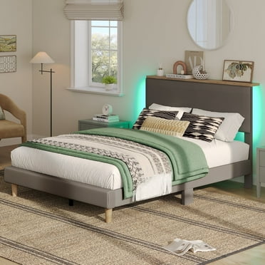 Bestier Twin Size Bed Frame Upholstered Platform Bed with LED Light & Adjustable Storage Headboard, Gray