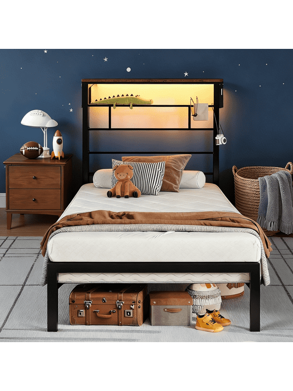 Twin Size Bed Frame with 49.2" High LED Storage Headboard Shelf, Metal Platform Bed, Black