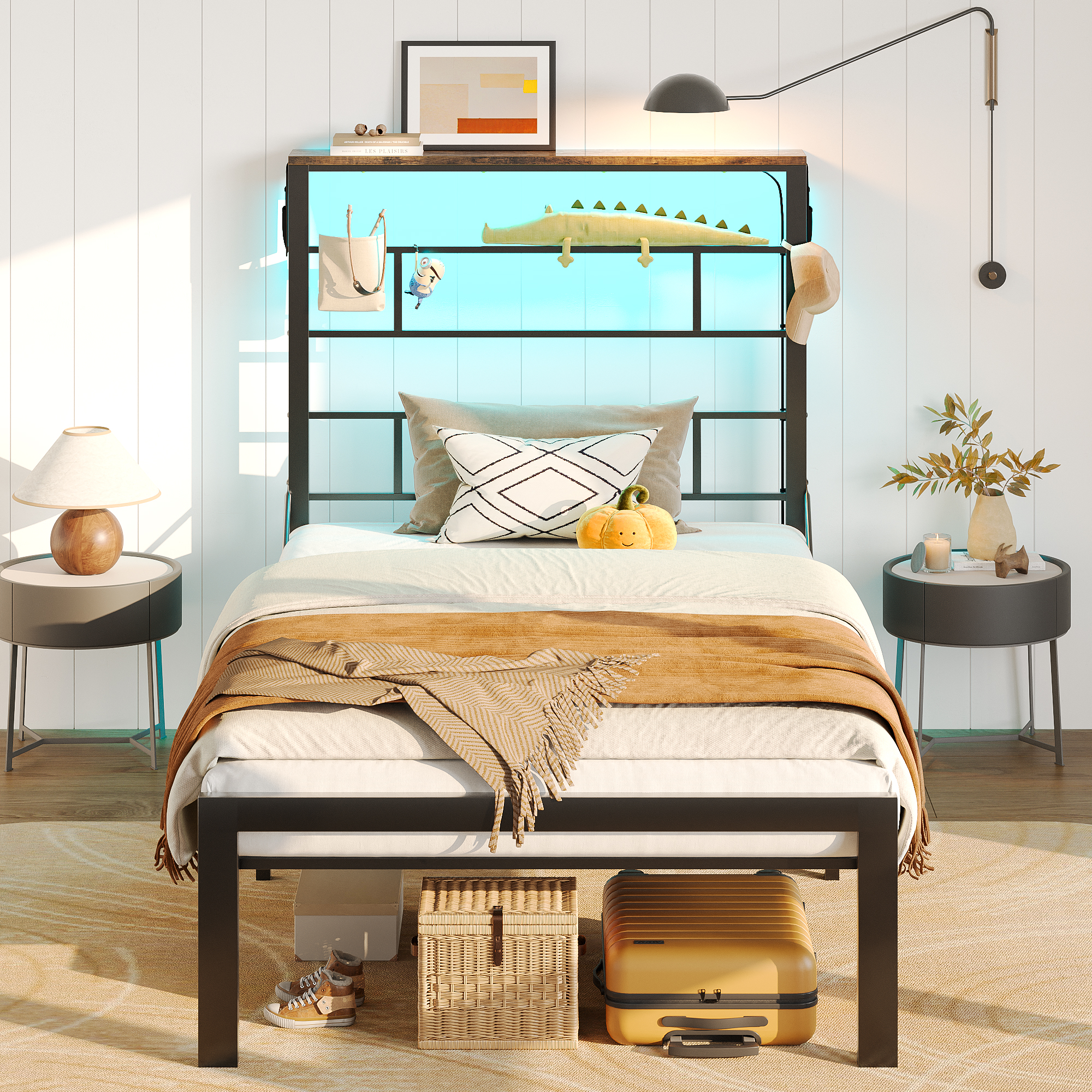 Bestier Twin Size Bed Frame with 49.2" High LED Storage Headboard Shelf, Metal Platform Bed, Black - image 1 of 9