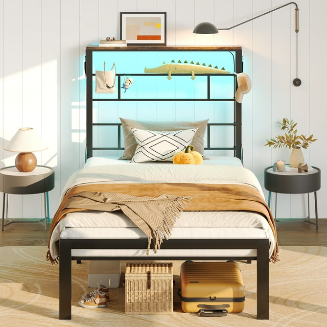 Bestier Twin Size Bed Frame with 49.2" High LED Storage Headboard Shelf, Metal Platform Bed, Black