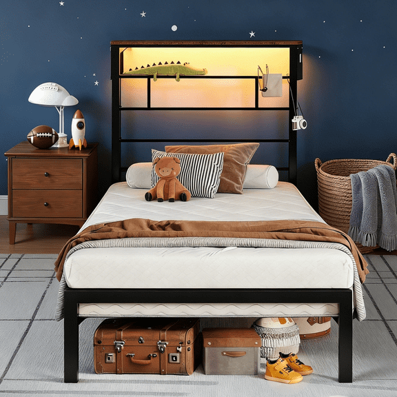 Bestier Twin Size Bed Frame with 49.2" High LED Storage Headboard Shelf, Metal Platform Bed, Black