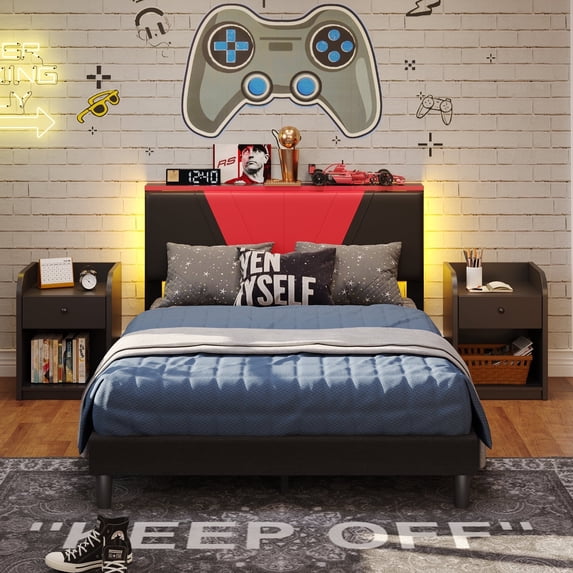 Bestier Twin Size Bed Frame with LED Adjustable Storage headboard, PU Leather Upholstered Platform Bed, Black & Red