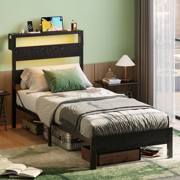 Bestier Twin Size Platform Bed Frame with Storage Headboard, LED Lights & USB Charging Station, Metal Bed Frame Black