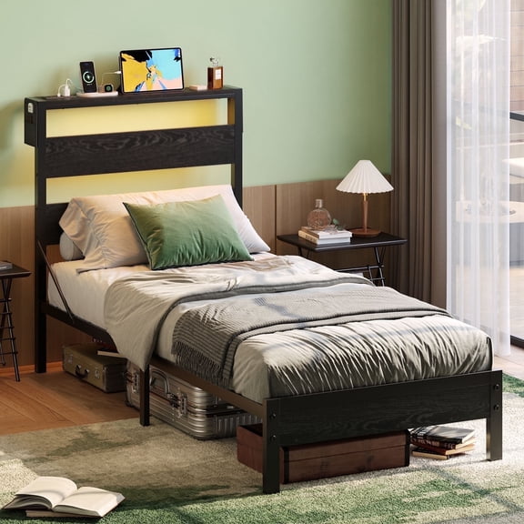 Bestier Twin Size Platform Bed Frame with Storage Headboard, LED Lights & USB Charging Station, Metal Bed Frame Black