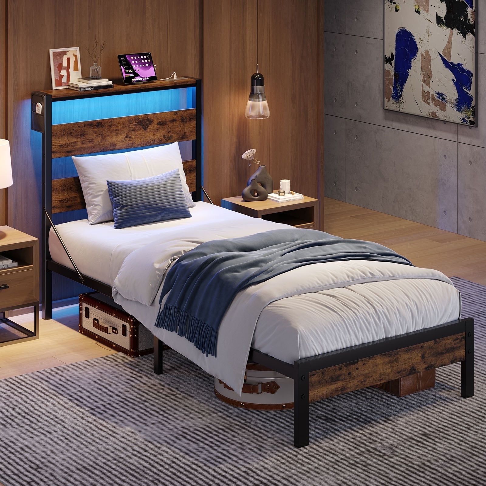 Bestier Twin Size Platform Bed Frame with Storage Headboard, LED Lights & USB Charging Station, Metal Bed Frame Rustic Brown