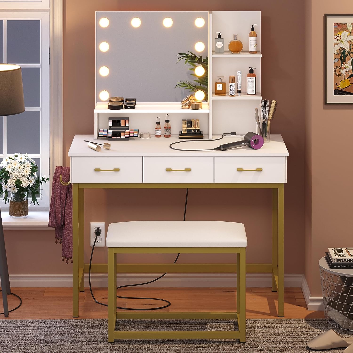 Bestier Vanity Desk with Mirror and Lights, Makeup Vanity with Wider